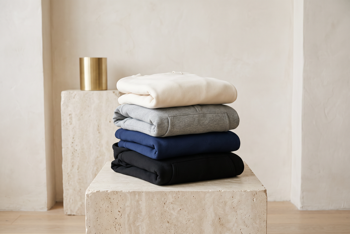 A folded stack of cream, grey, navy and black fleece hoodies on a stone plinth