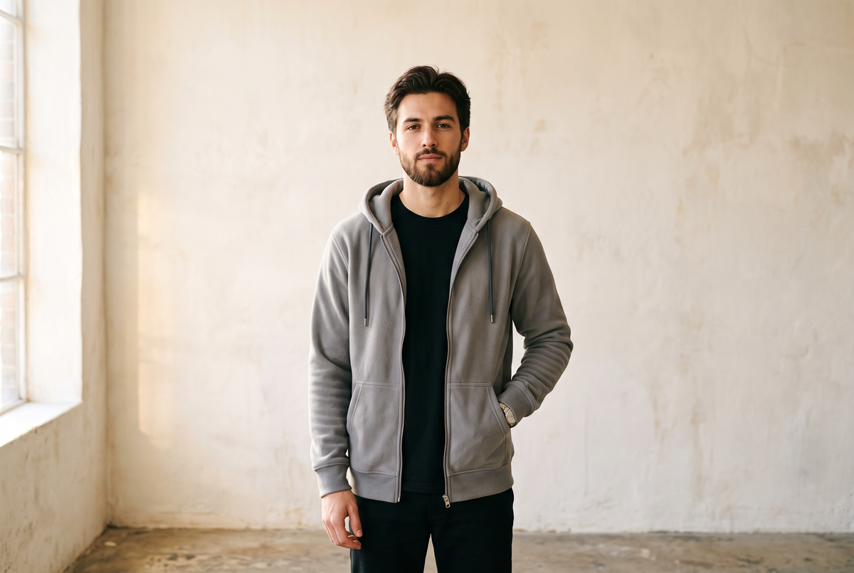 Model in a grey fleece zip-up hoodie over a black crewneck