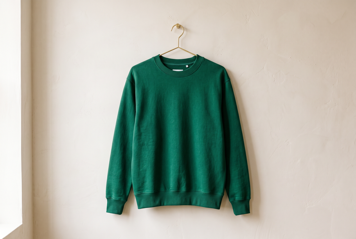 Emerald green fleece crewneck sweatshirt on a brass hanger