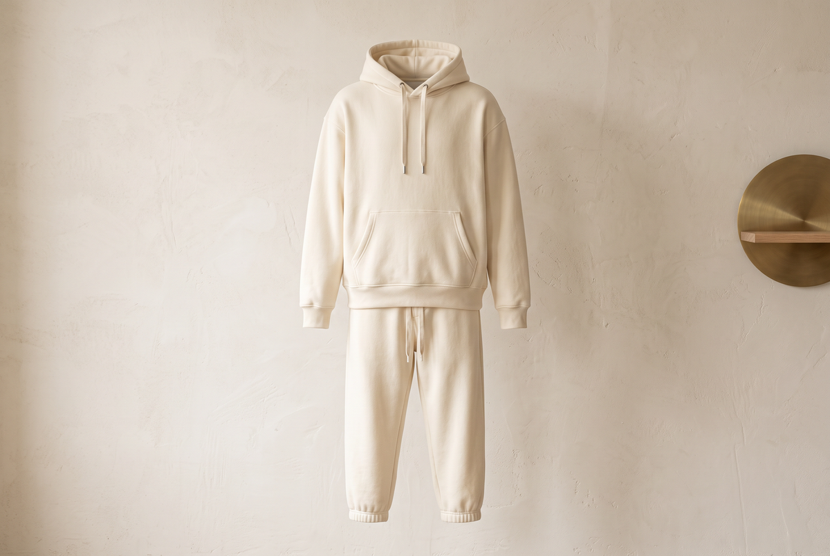 Cream fleece tracksuit: pullover hoodie and matching joggers