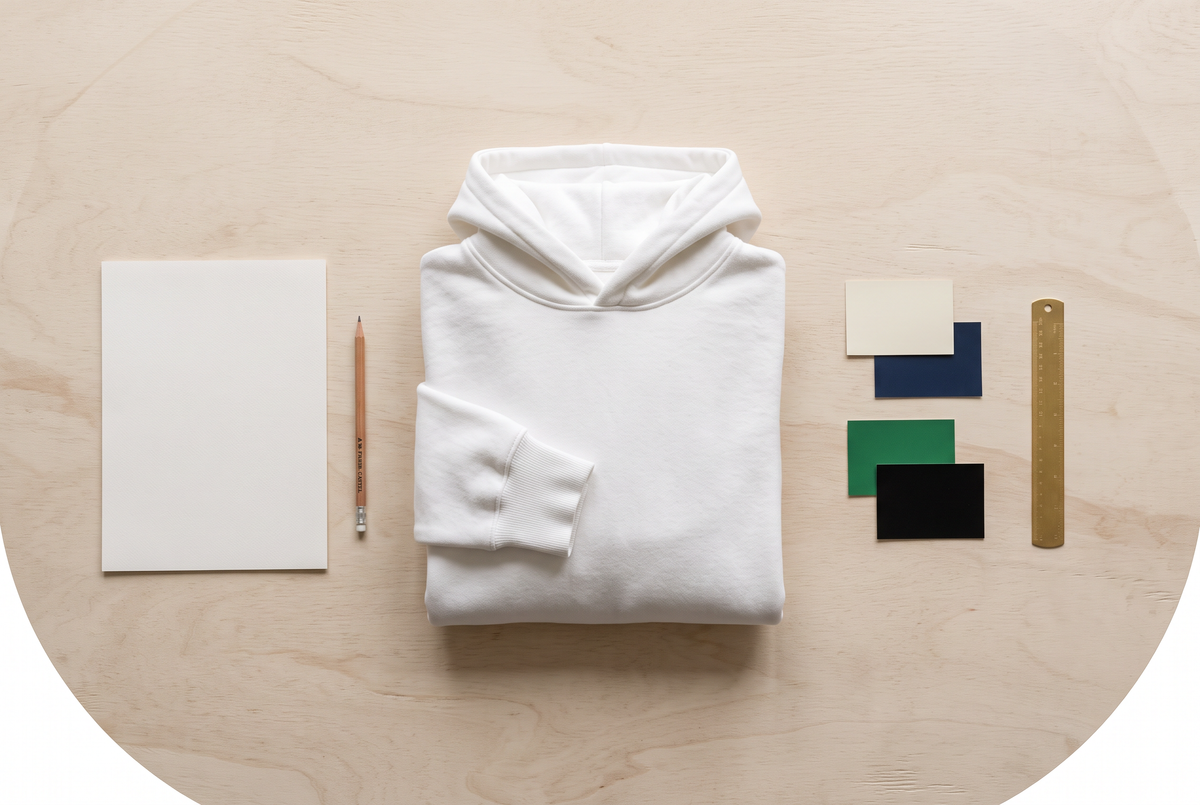 White fleece hoodie on a designer's table with sketch paper and colour swatches