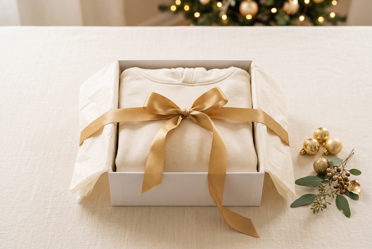 Cream fleece hoodie in a white gift box with a gold ribbon