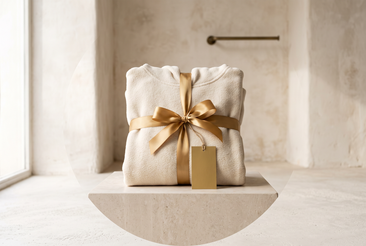 Cream fleece tracksuit tied with a gold ribbon