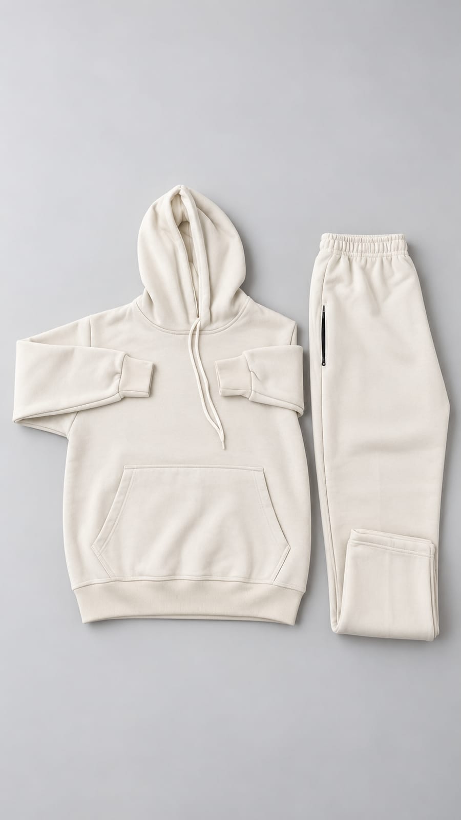 Cream LUSH tracksuit set: pullover hoodie and matching trousers.